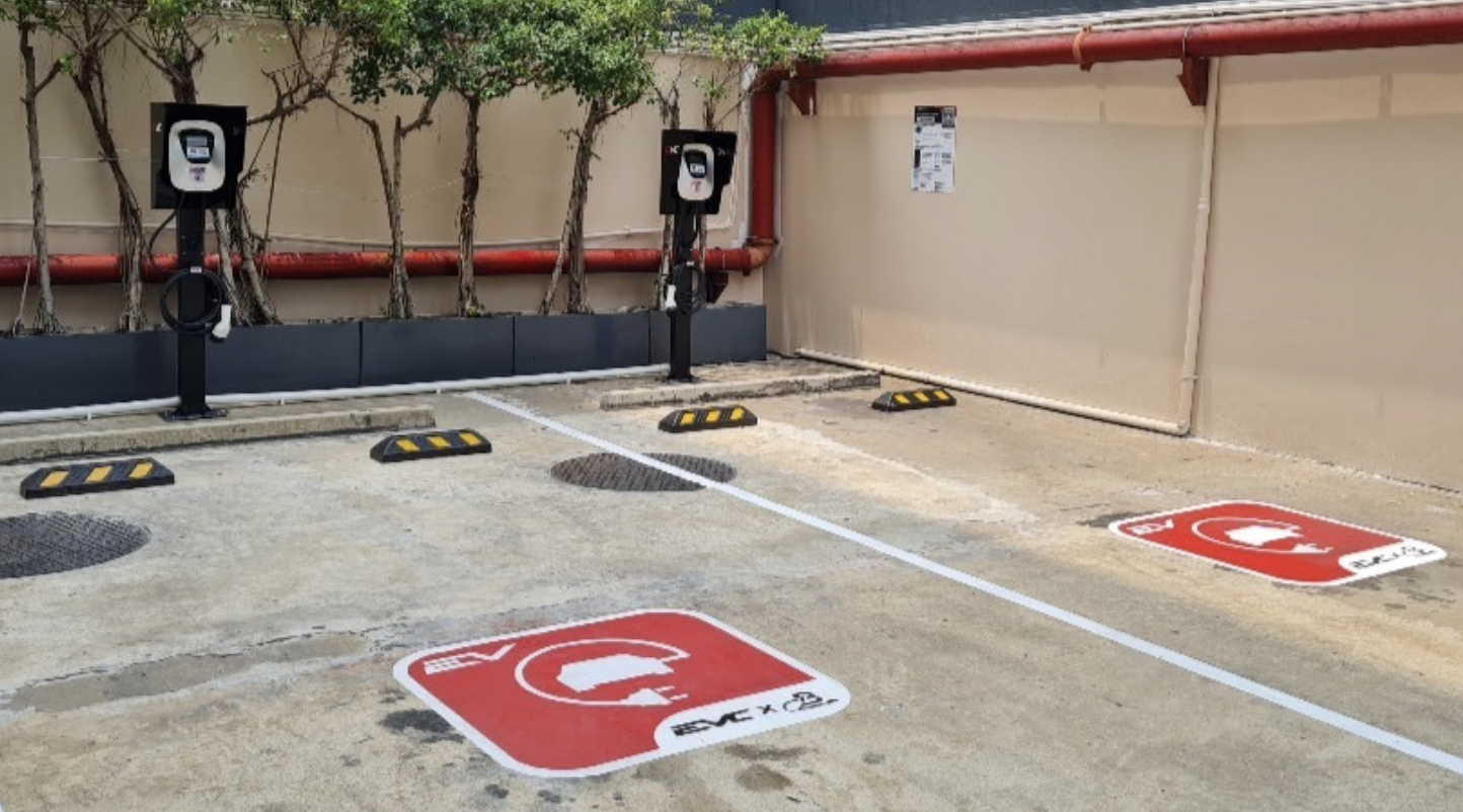 Two EV chargers with EVC floor markers